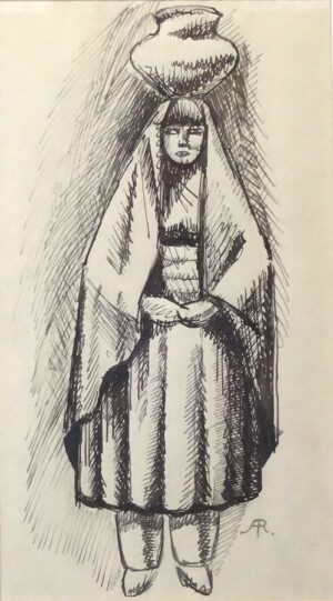 Arnold Ronnebeck, Pueblo Girl with Pot, ink on paper, c1927